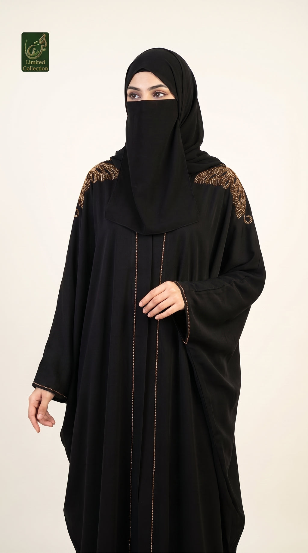 Front-Open Regal Butterfly Stonework Abaya & Scarf | Premium Nida Butterfly Stone-Studded Abaya