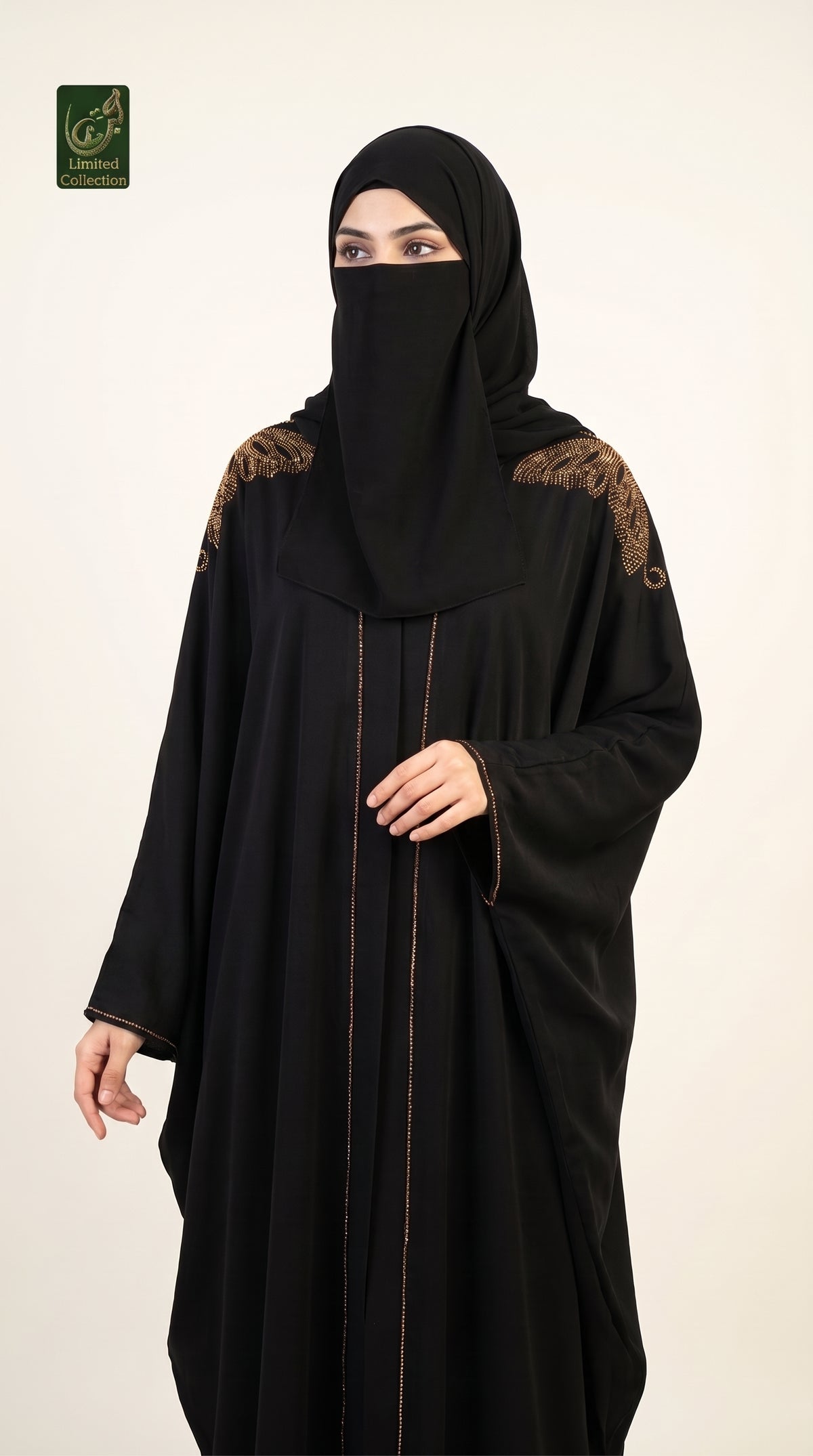 Front-Open Regal Butterfly Stonework Abaya & Scarf | Premium Nida Butterfly Stone-Studded Abaya