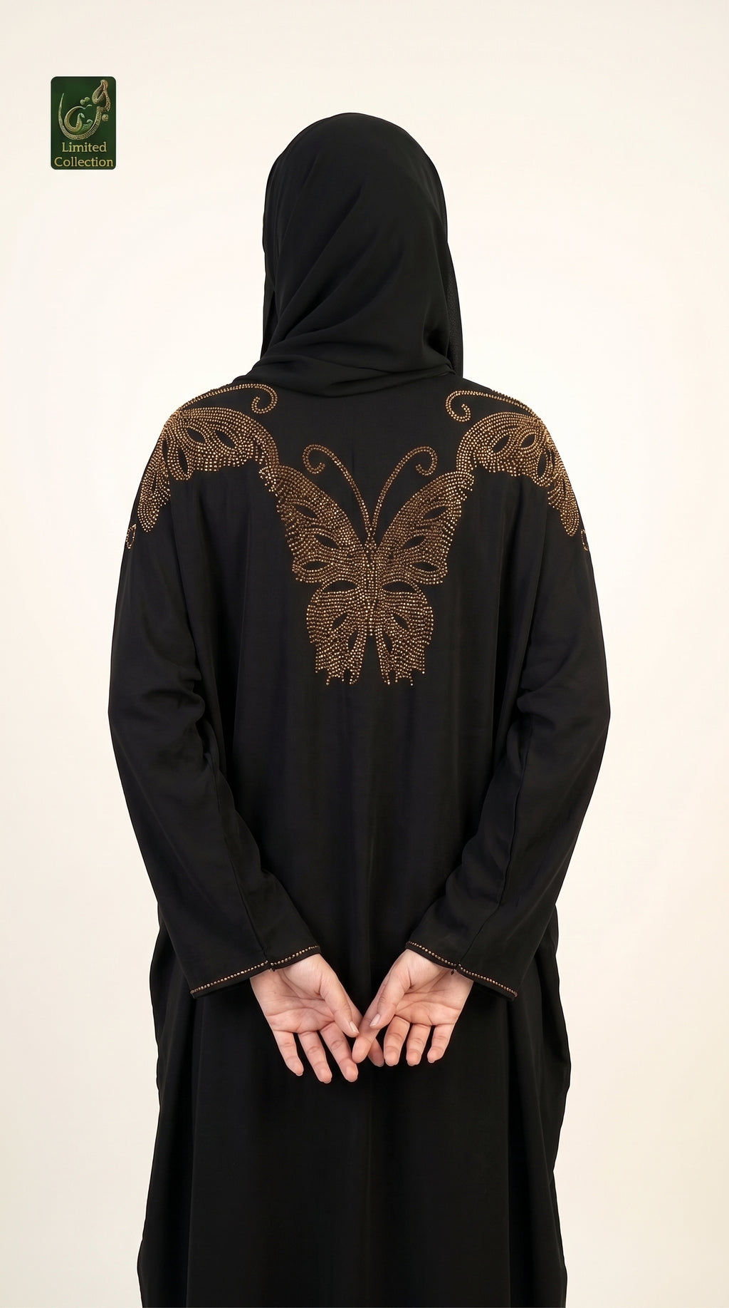 Front-Open Regal Butterfly Stonework Abaya & Scarf | Premium Nida Butterfly Stone-Studded Abaya