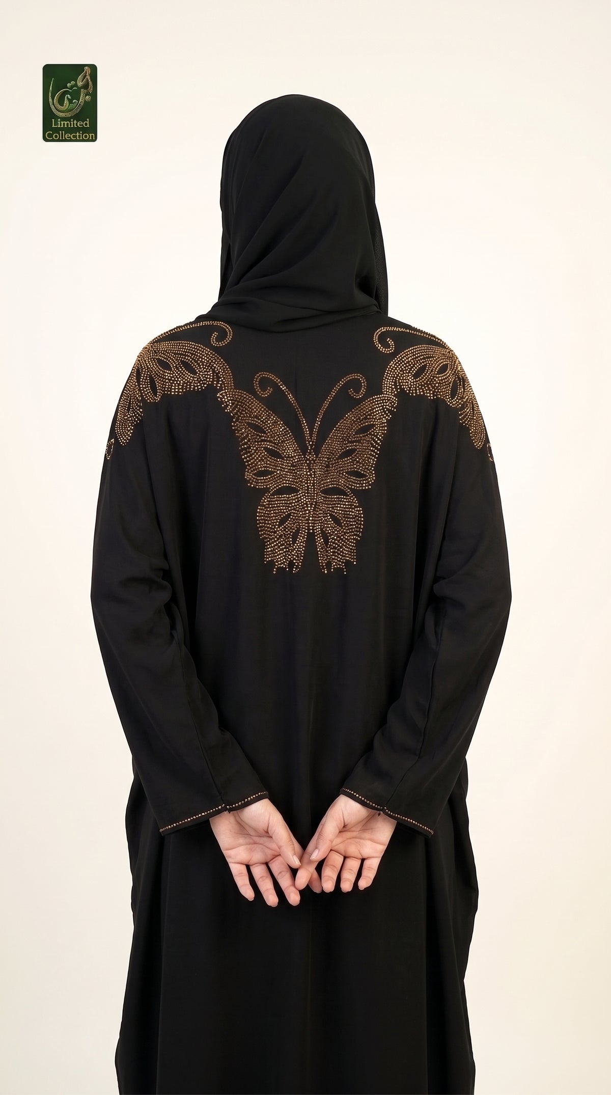 Front-Open Regal Butterfly Stonework Abaya & Scarf | Premium Nida Butterfly Stone-Studded Abaya