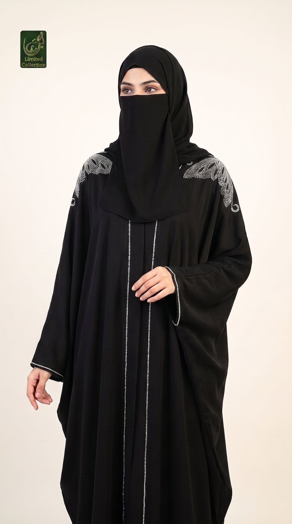 Front-Open Regal Butterfly Stonework Abaya & Scarf | Premium Nida Butterfly Stone-Studded Abaya