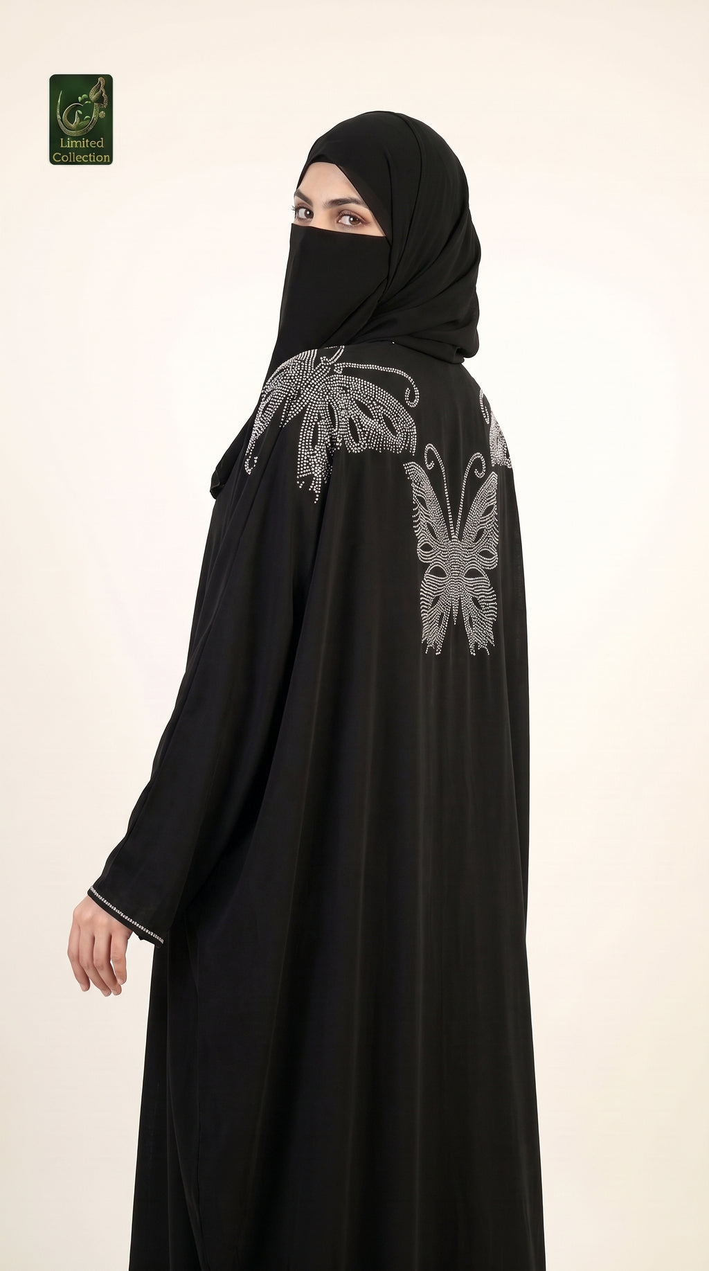 Front-Open Regal Butterfly Stonework Abaya & Scarf | Premium Nida Butterfly Stone-Studded Abaya