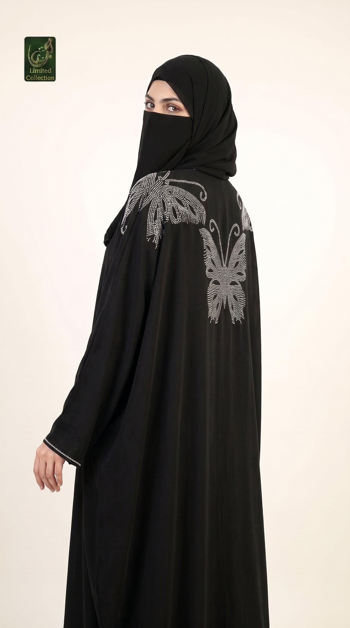 Front-Open Regal Butterfly Stonework Abaya & Scarf | Premium Nida Butterfly Stone-Studded Abaya