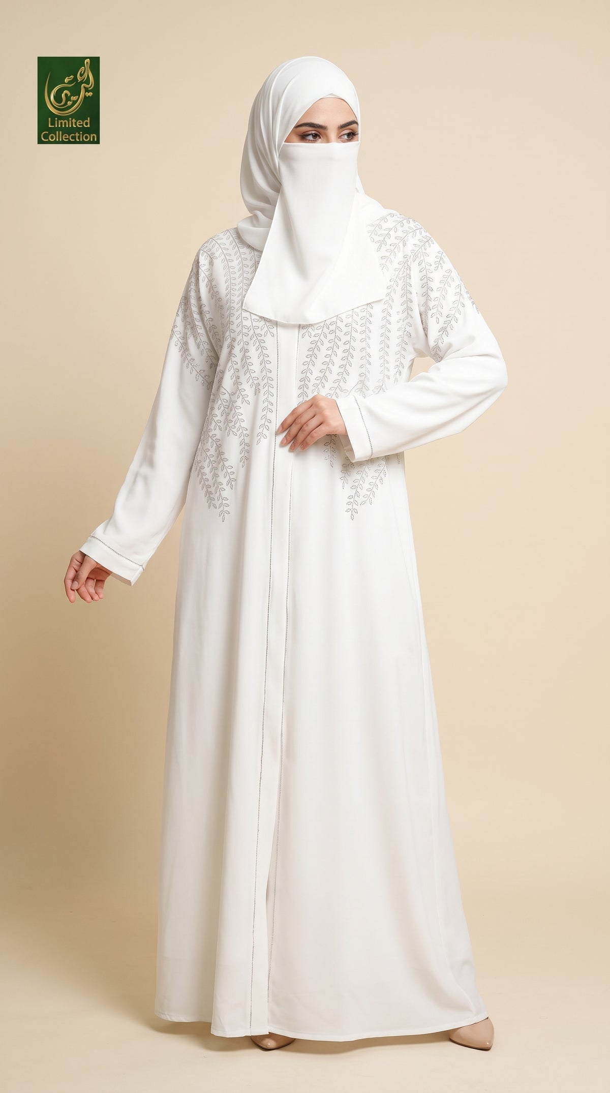 Front-Open White Cascading Fern Stone Embellished White Abaya & Scarf | Premium Nida Abaya with Stonework