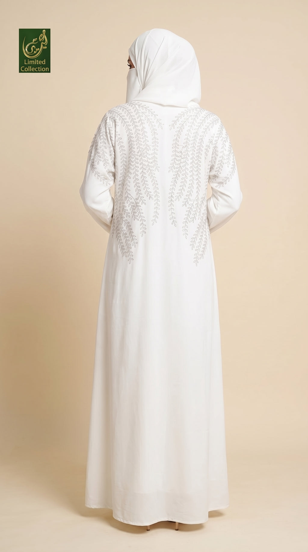 Front-Open White Cascading Fern Stone Embellished White Abaya & Scarf | Premium Nida Abaya with Stonework