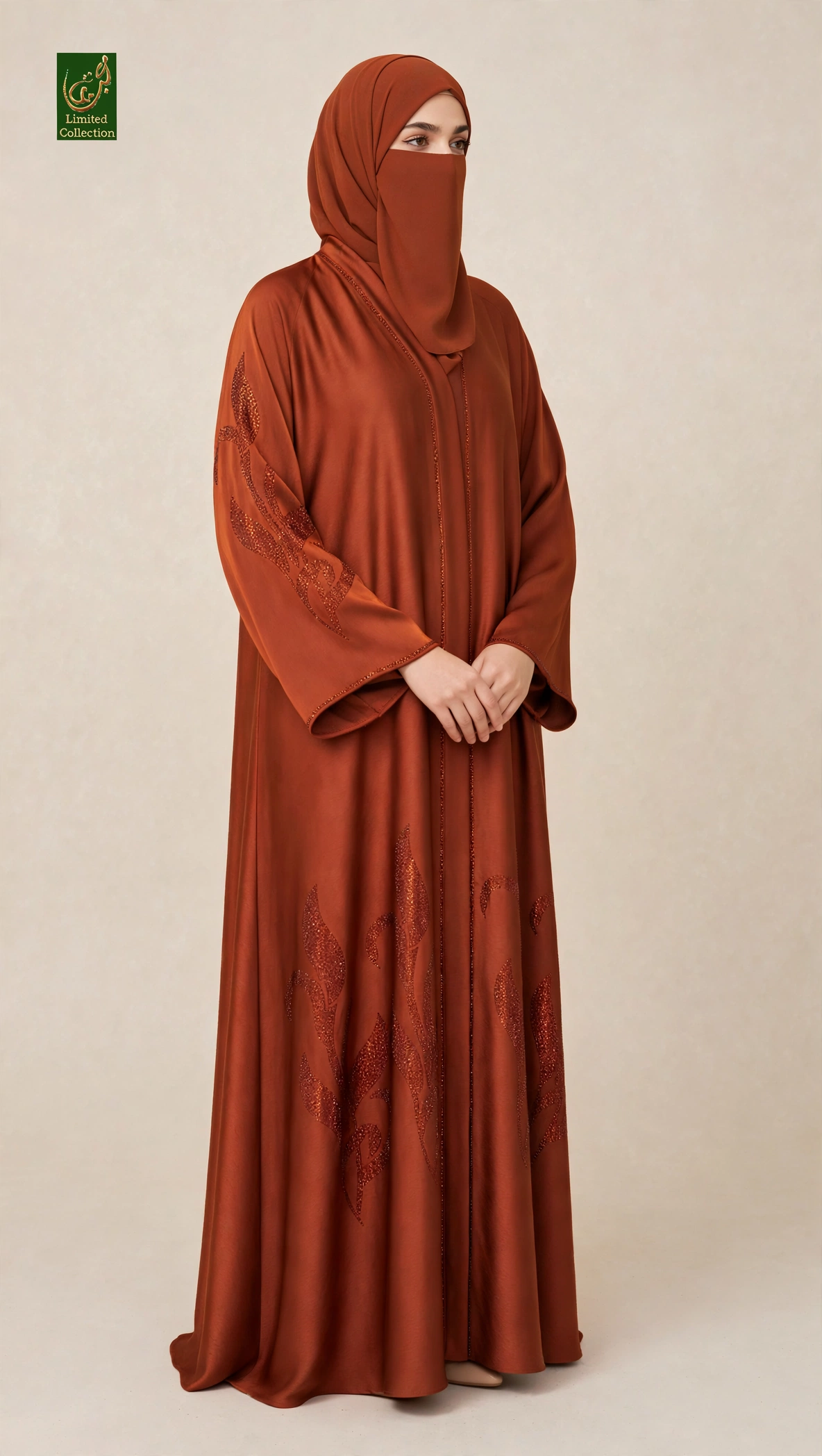 Front-Open Flame Leaf Stonework Abaya | Premium Romantic Nida Stone Embellished Abaya