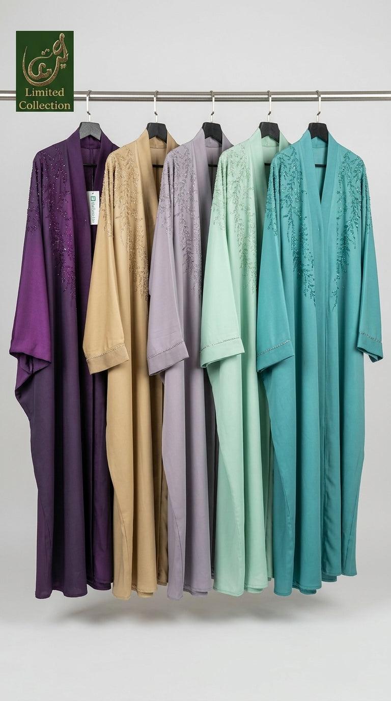 Front-Open Butterfly Abaya with Leaf Vine Stonework | Premium Romantic Nida Stone-Studded Butterfly Abaya