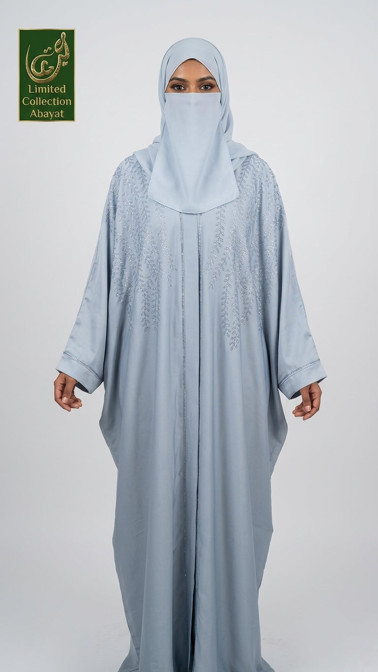 Front-Open Butterfly Abaya with Leaf Vine Stonework | Premium Romantic Nida Stone-Studded Butterfly Abaya