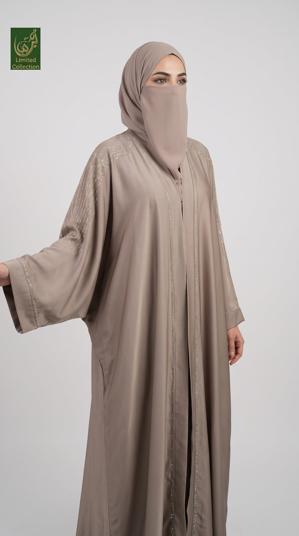Front-Open Butterfly Abaya with Cascade Stonework | Premium Nida Stone-Studded Butterfly Abaya
