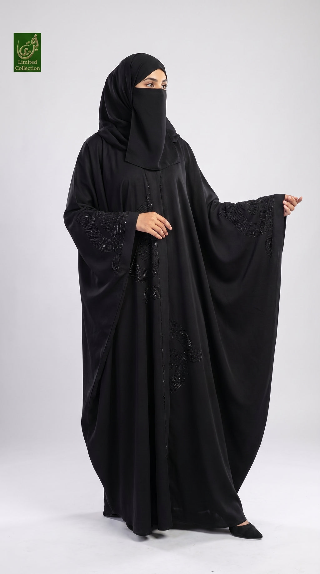 Front-Open Black Butterfly Abaya with Swirl Stonework | Premium Nida Black Stone-Studded Butterfly Abaya