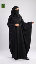 Front-Open Black Butterfly Abaya with Swirl Stonework | Premium Nida Black Stone-Studded Butterfly Abaya
