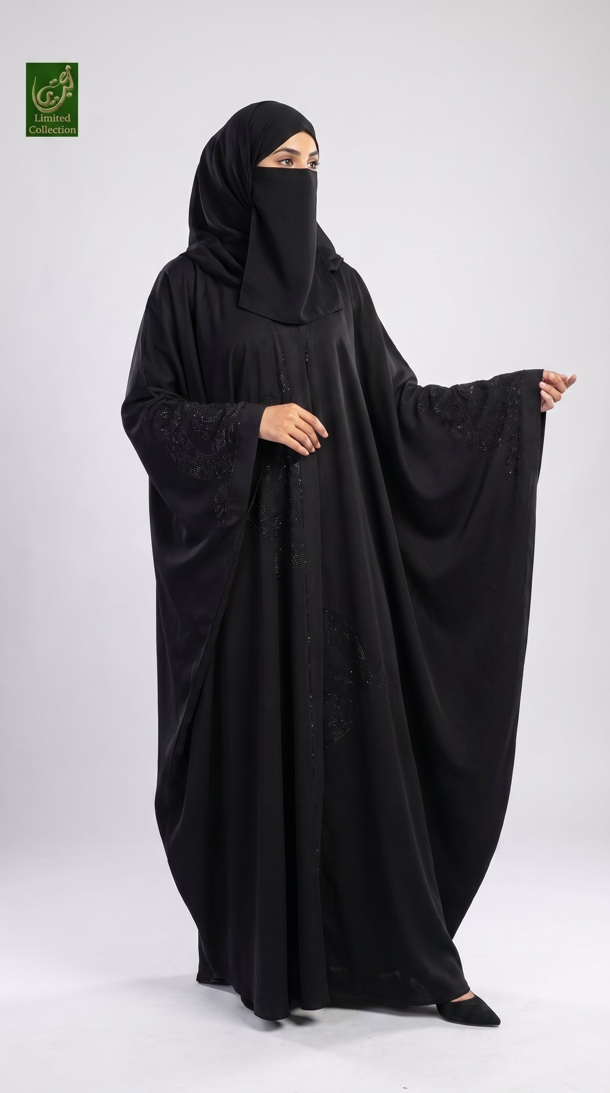 Front-Open Black Butterfly Abaya with Swirl Stonework | Premium Nida Black Stone-Studded Butterfly Abaya