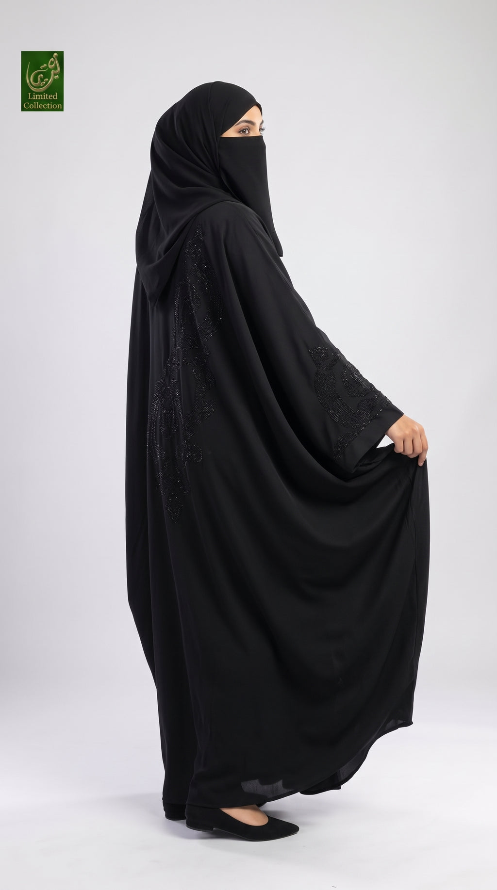 Front-Open Black Butterfly Abaya with Swirl Stonework | Premium Nida Black Stone-Studded Butterfly Abaya