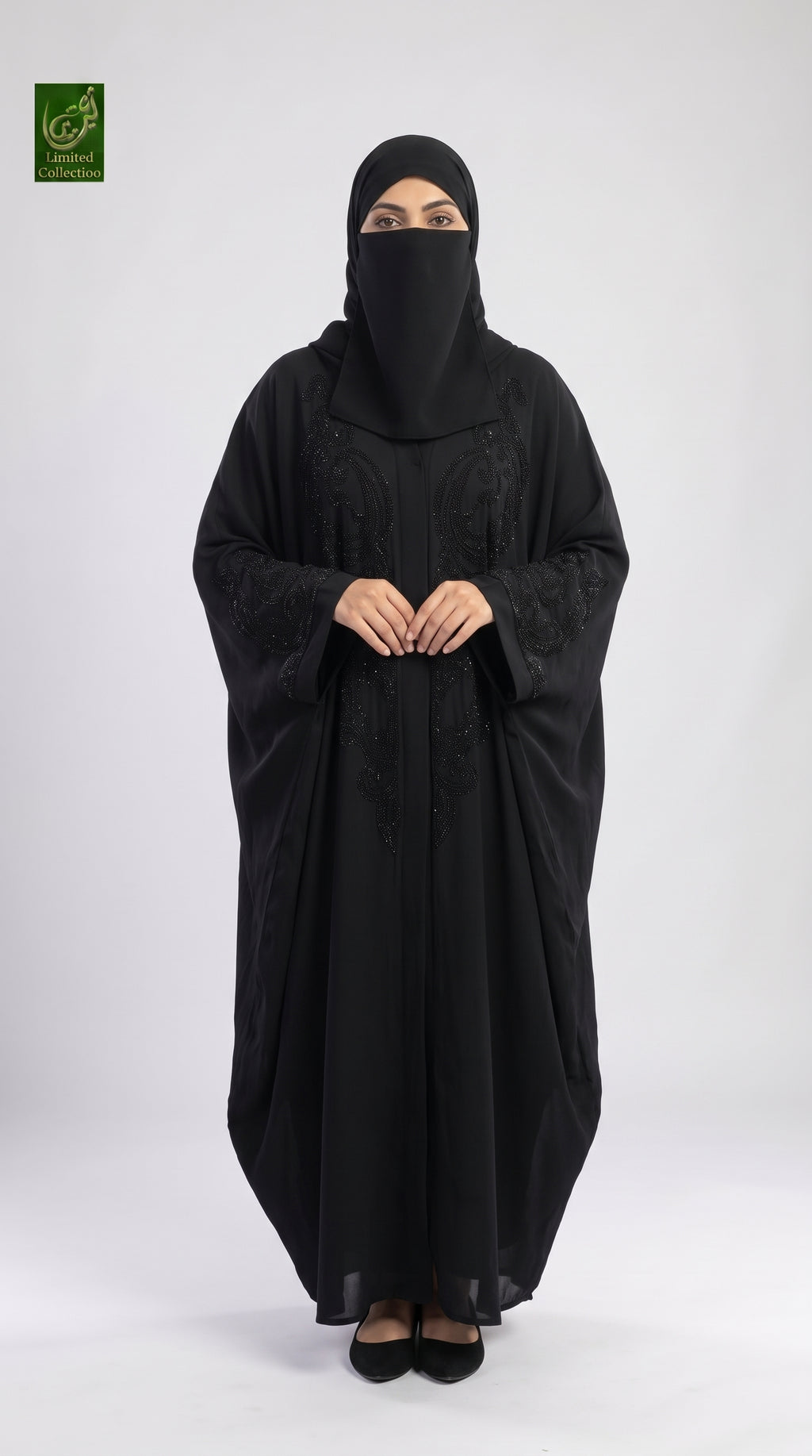 Front-Open Black Butterfly Abaya with Swirl Stonework | Premium Nida Black Stone-Studded Butterfly Abaya