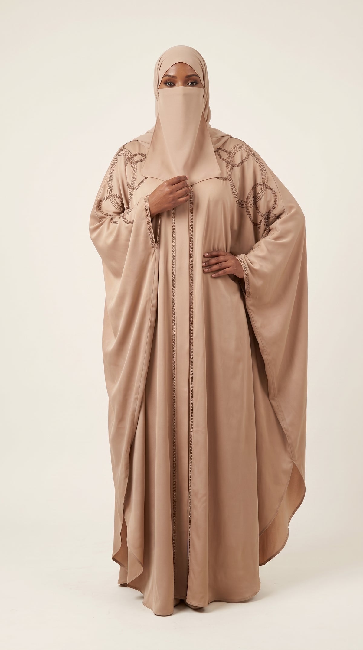 Front-Open Butterfly Abaya with Chain-Link Stonework | Premium Nida Stone-Embellished Butterfly Abaya