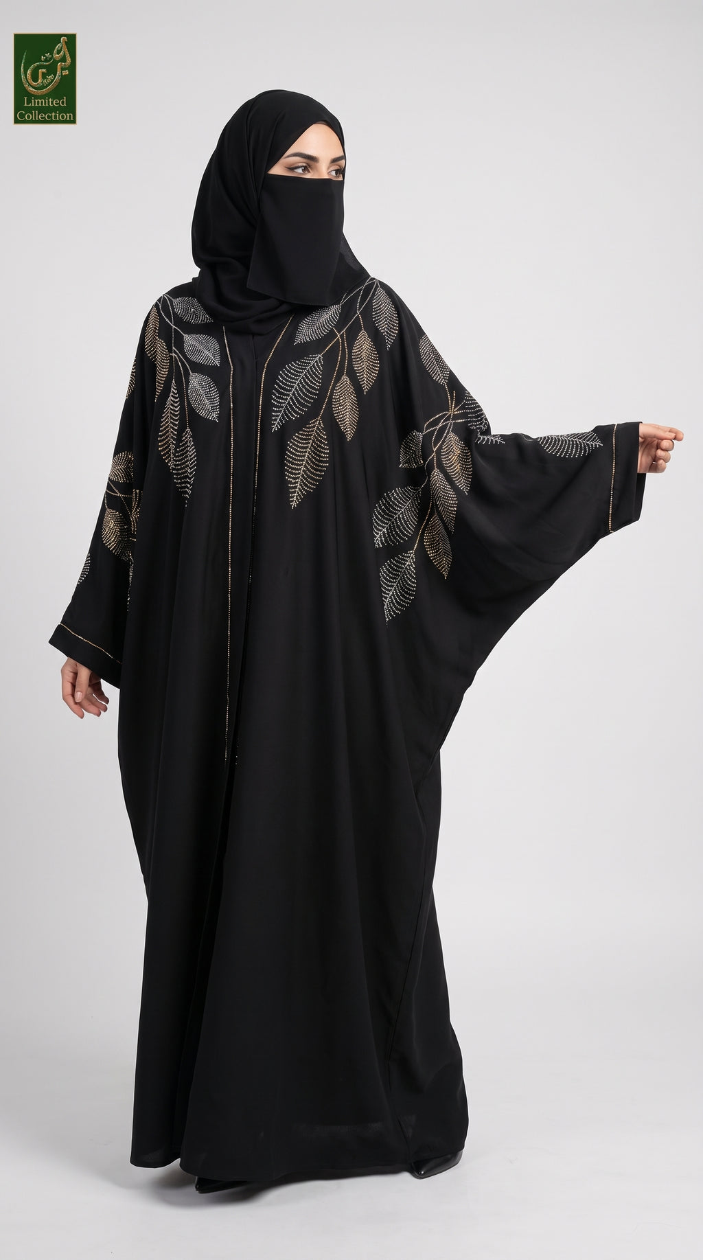 Front-Open Butterfly Black Abaya with Leaf Stonework | Premium Nida Black Leaf Stonework Butterfly Abaya