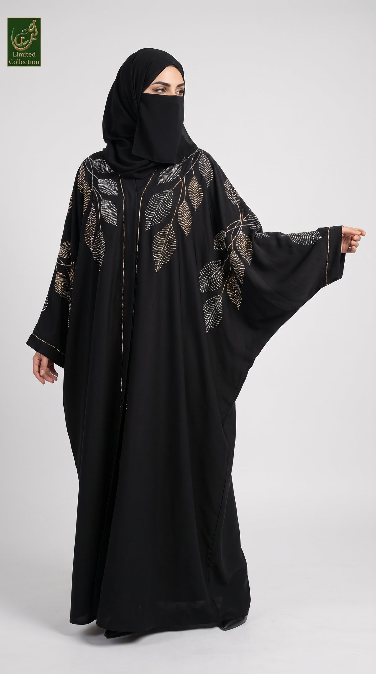 Front-Open Butterfly Black Abaya with Leaf Stonework | Premium Nida Black Leaf Stonework Butterfly Abaya