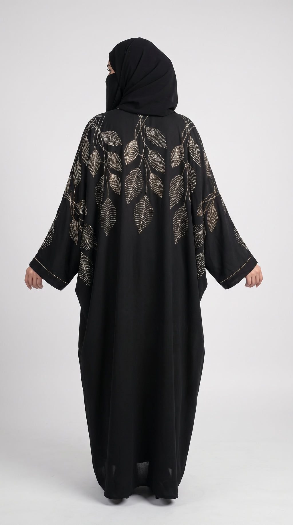 Front-Open Butterfly Black Abaya with Leaf Stonework | Premium Nida Black Leaf Stonework Butterfly Abaya
