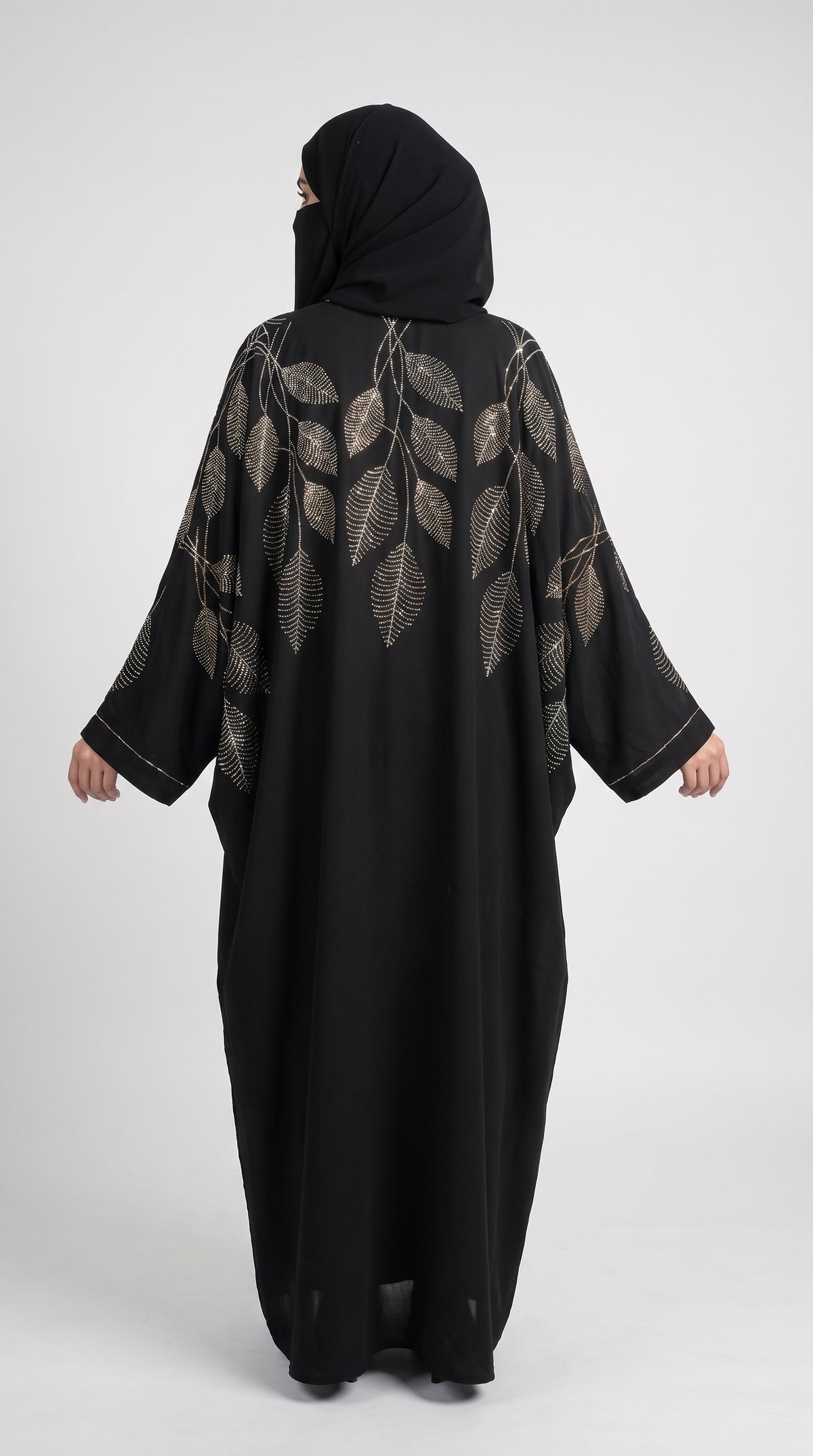 Front-Open Butterfly Black Abaya with Leaf Stonework | Premium Nida Black Leaf Stonework Butterfly Abaya