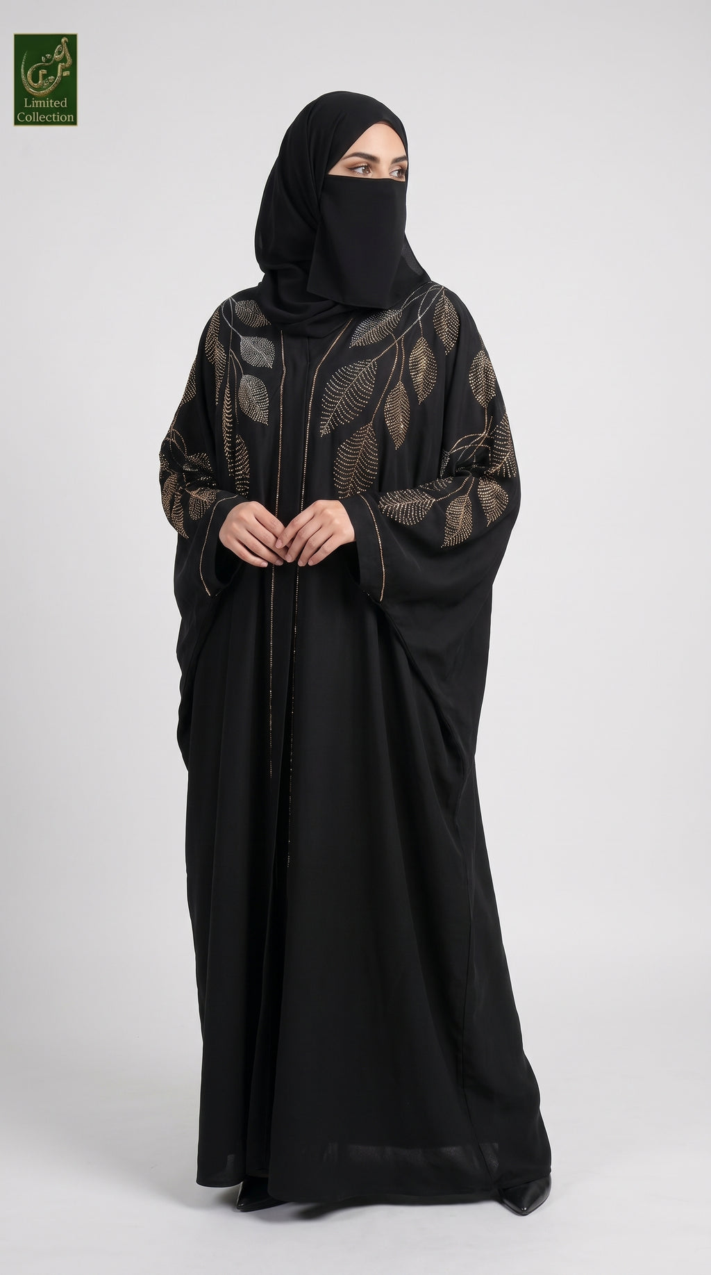 Front-Open Butterfly Black Abaya with Leaf Stonework | Premium Nida Black Leaf Stonework Butterfly Abaya