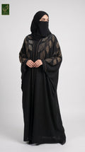 Front-Open Butterfly Black Abaya with Leaf Stonework | Premium Nida Black Leaf Stonework Butterfly Abaya