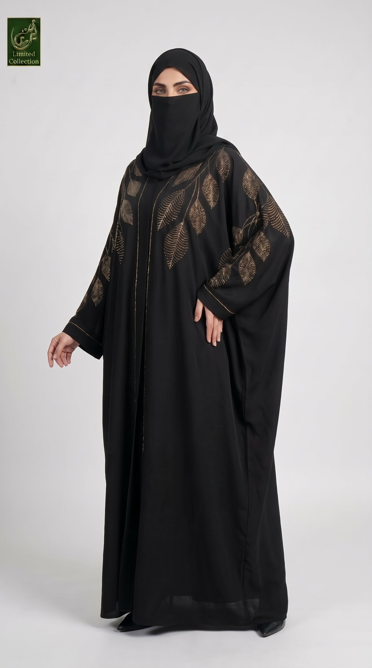 Front-Open Butterfly Black Abaya with Leaf Stonework | Premium Nida Black Leaf Stonework Butterfly Abaya
