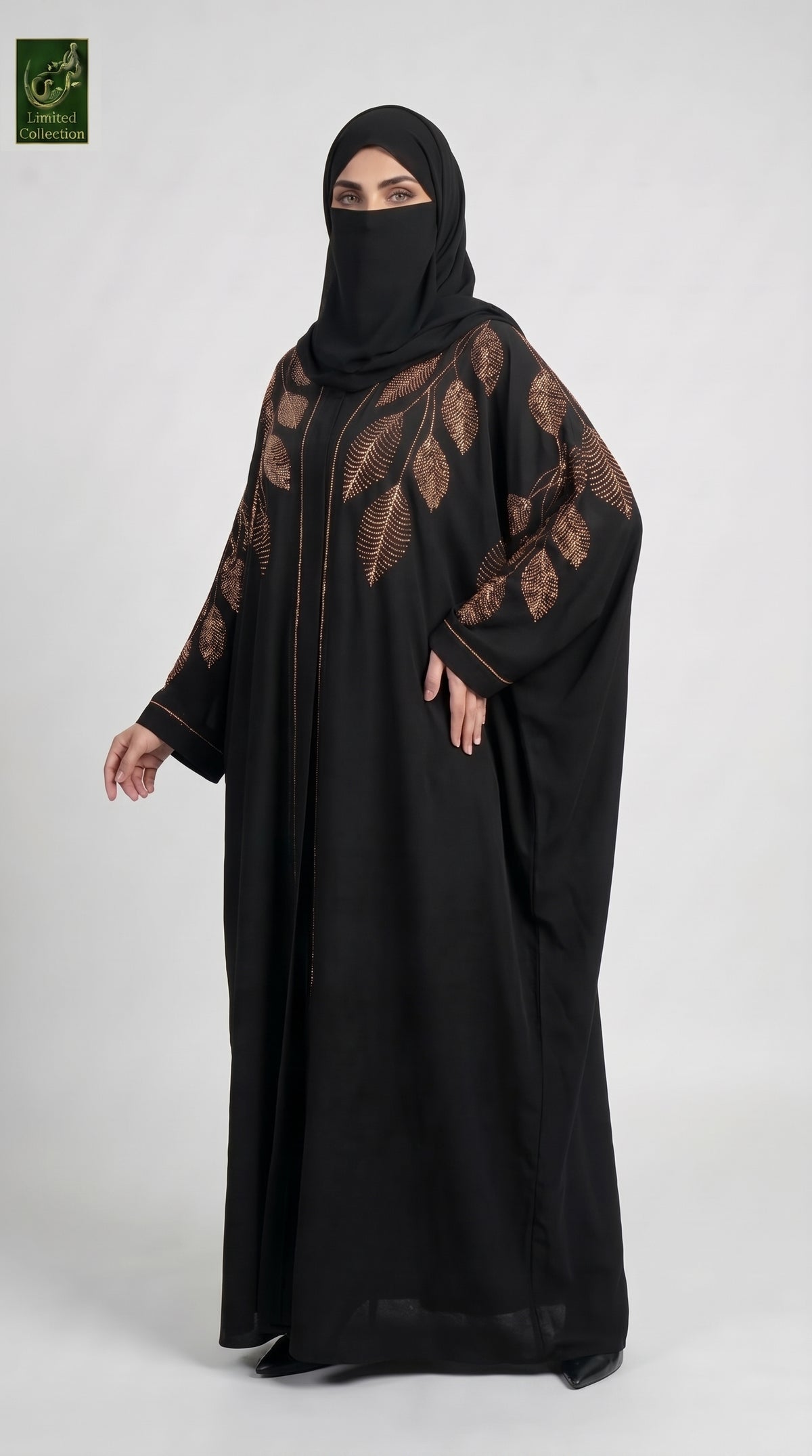Front-Open Butterfly Black Abaya with Leaf Stonework | Premium Nida Black Leaf Stonework Butterfly Abaya