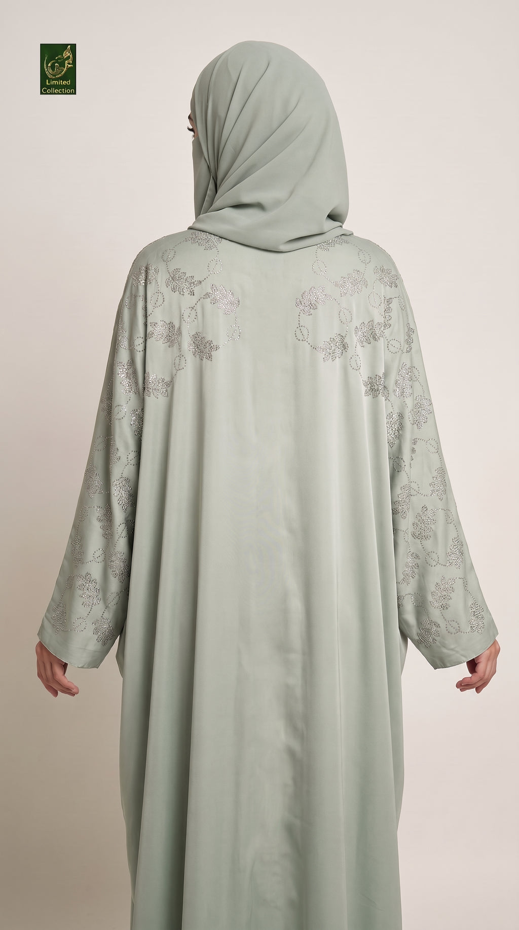 Front-Open Silver Vine Stonework Butterfly Abaya | Premium Romantic Nida Colored Stone-Embellished Butterfly Abaya
