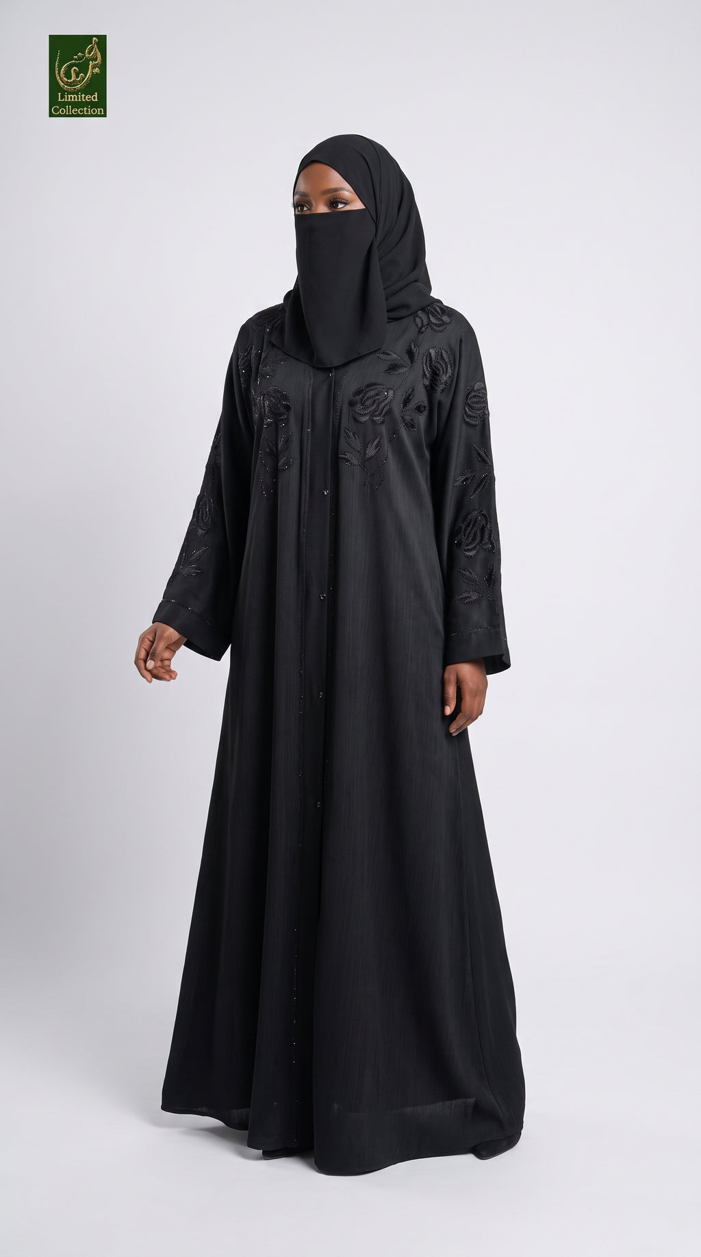 Front-Open Midnight Rose Embroidered Stonework Black Abaya | Premium Nida Stone Embellished Abaya