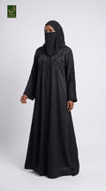 Front-Open Midnight Rose Embroidered Stonework Black Abaya | Premium Nida Stone Embellished Abaya