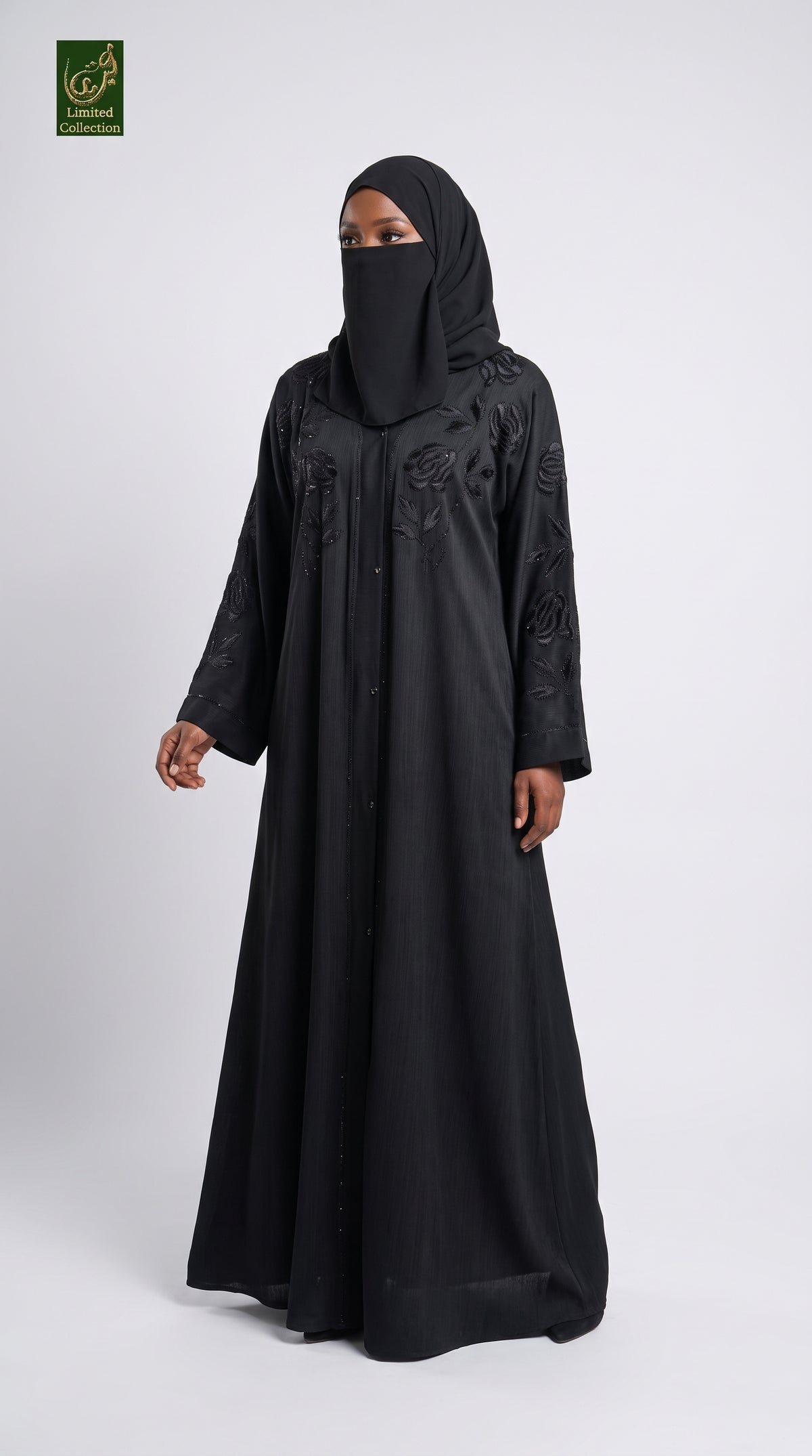 Front-Open Midnight Rose Embroidered Stonework Black Abaya | Premium Nida Stone Embellished Abaya