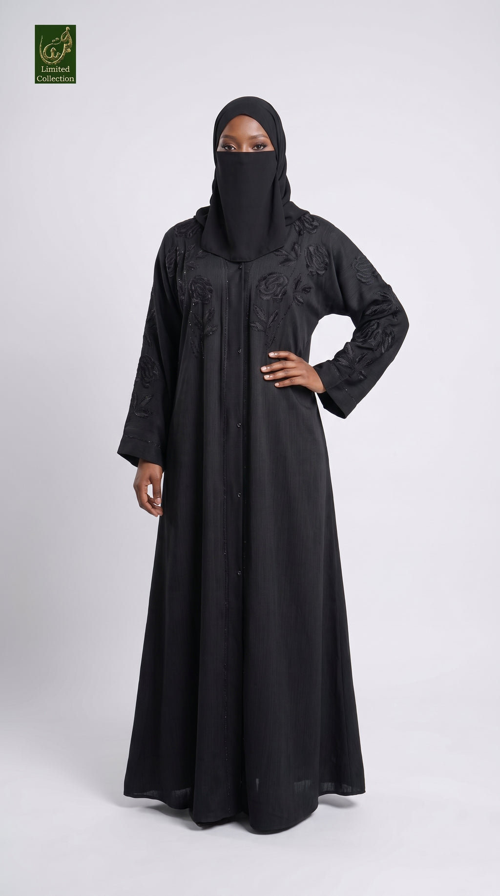 Front-Open Midnight Rose Embroidered Stonework Black Abaya | Premium Nida Stone Embellished Abaya