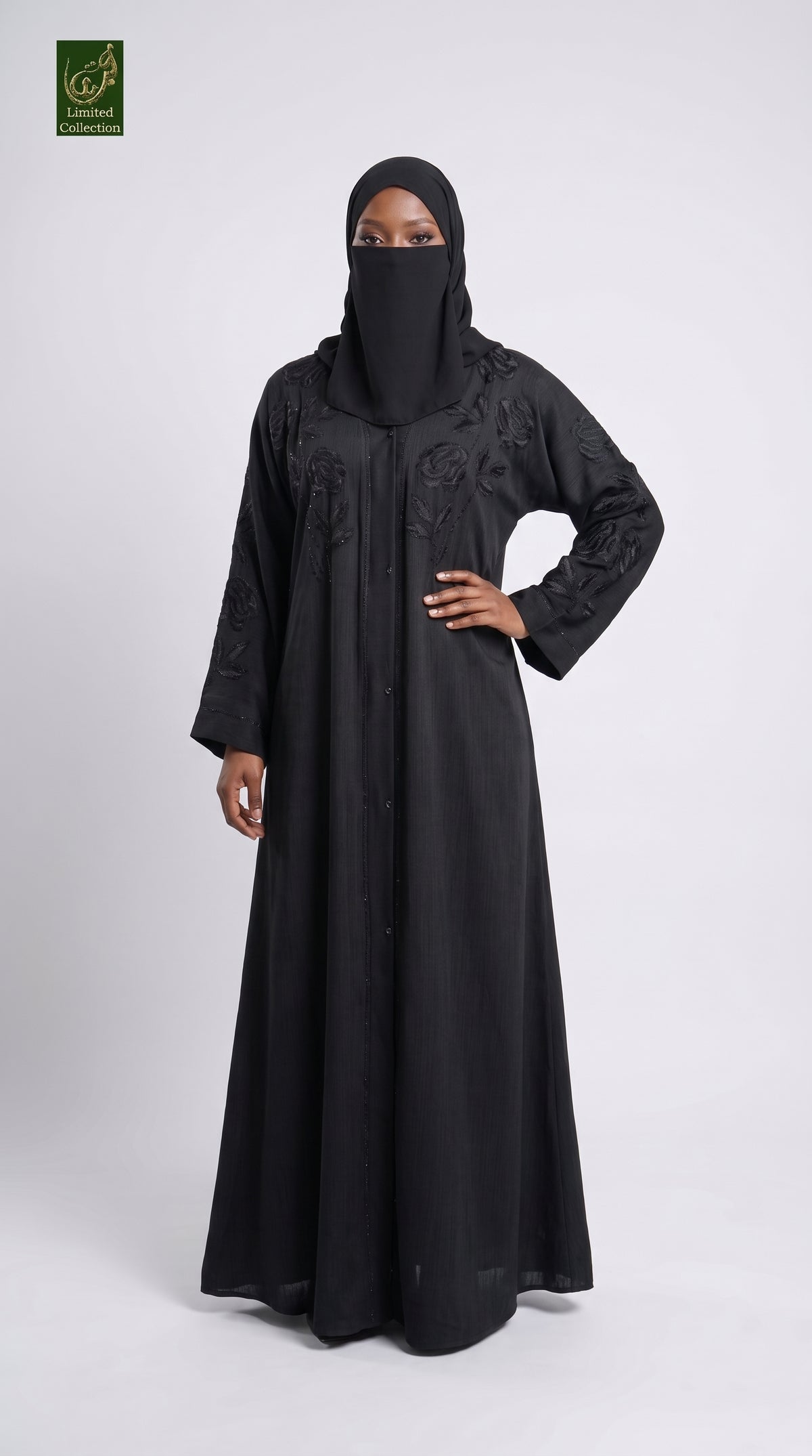 Front-Open Midnight Rose Embroidered Stonework Black Abaya | Premium Nida Stone Embellished Abaya