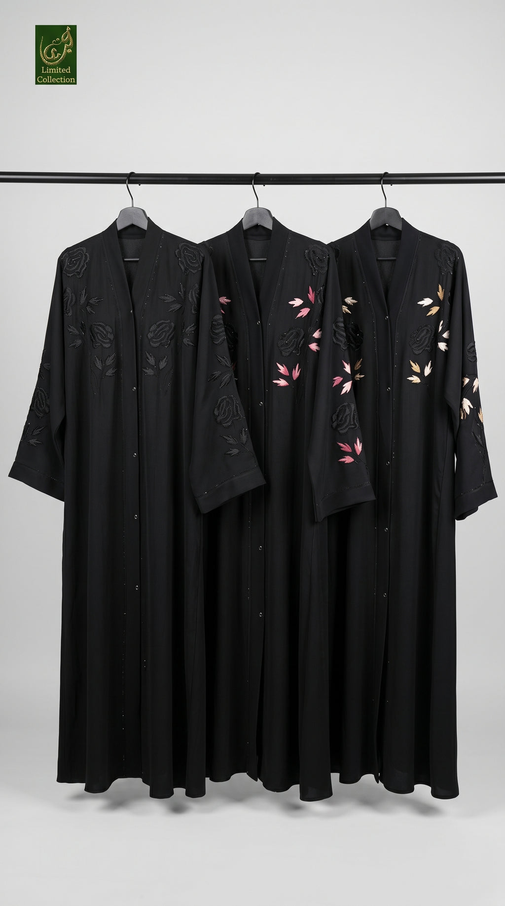 Front-Open Midnight Rose Embroidered Stonework Black Abaya | Premium Nida Stone Embellished Abaya
