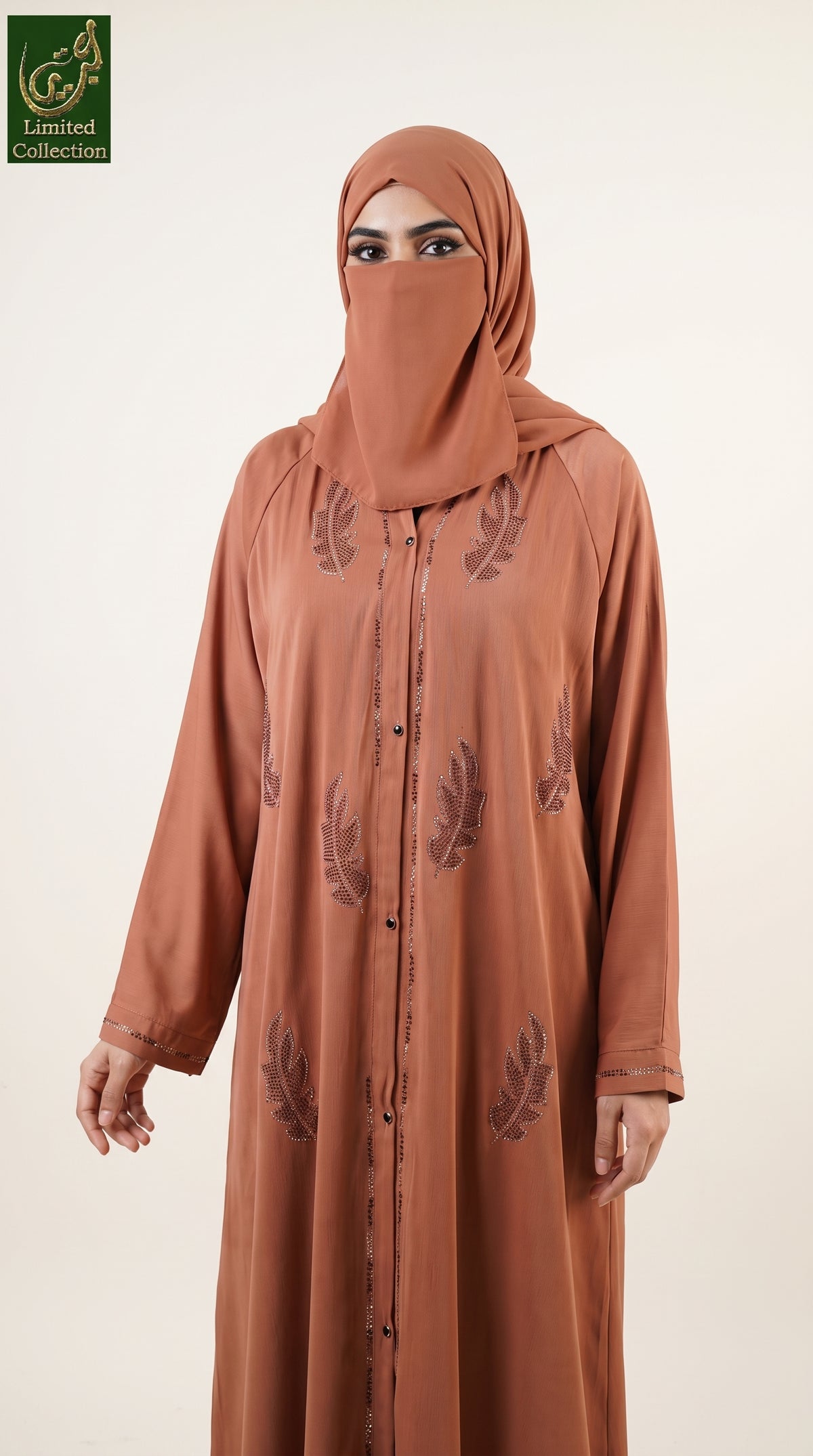 Front-Open Button Abaya with Scattered Leaf Stonework | Premium Romantic Nida Stone-Studded Abaya