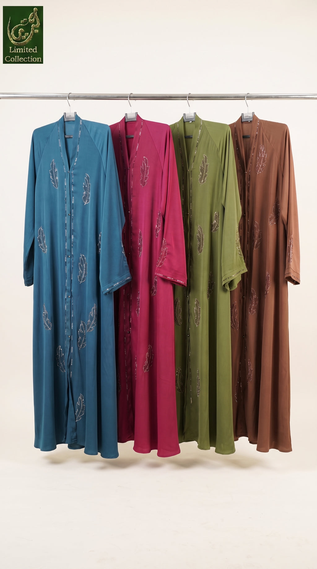 Front-Open Button Abaya with Scattered Leaf Stonework | Premium Romantic Nida Stone-Studded Abaya