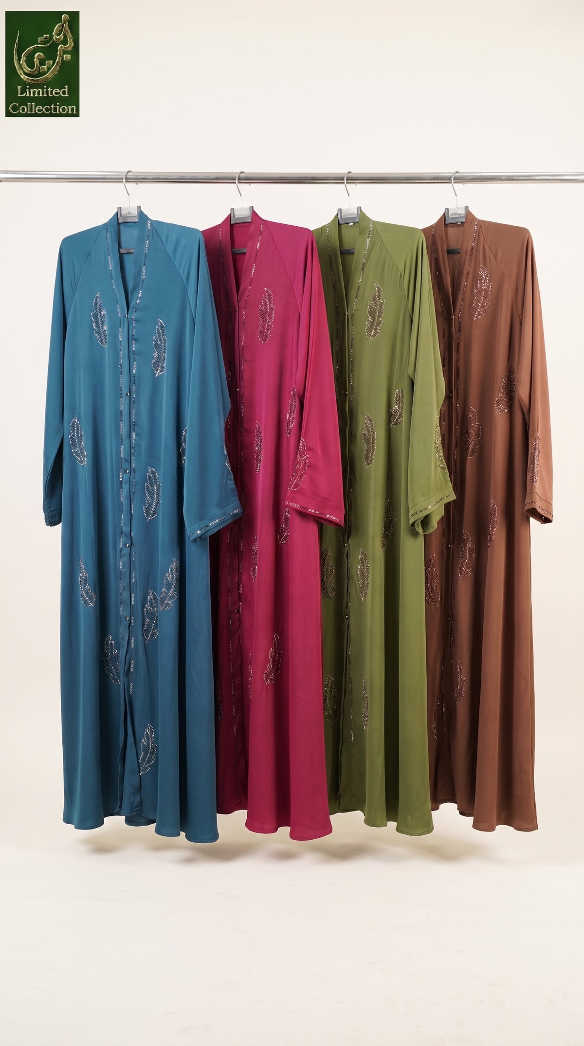 Front-Open Button Abaya with Scattered Leaf Stonework | Premium Romantic Nida Stone-Studded Abaya