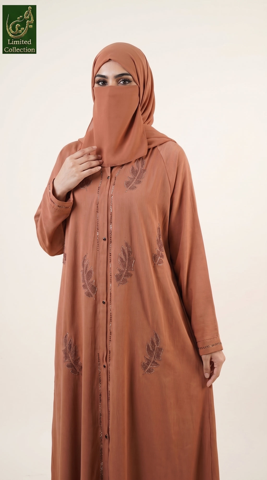 Front-Open Button Abaya with Scattered Leaf Stonework | Premium Romantic Nida Stone-Studded Abaya
