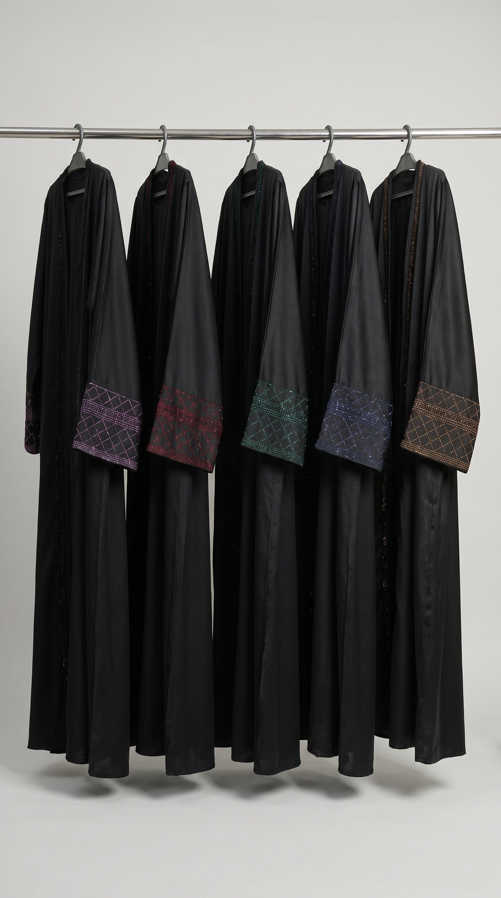 Front-Closed Diamond Trellis Stonework Abaya with Attached Inner | Premium Nida Stone-Studded Abaya