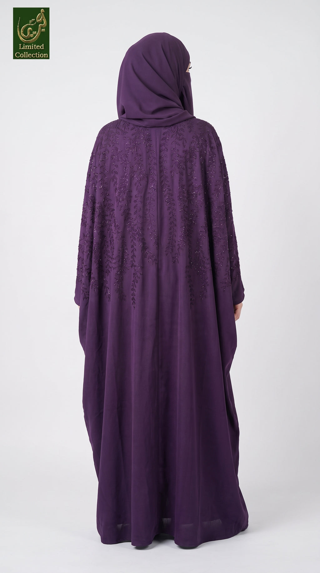 Front-Open Butterfly Abaya with Fern Stonework & Scarf | Premium Romantic Nida Stone-Studded Butterfly Abaya