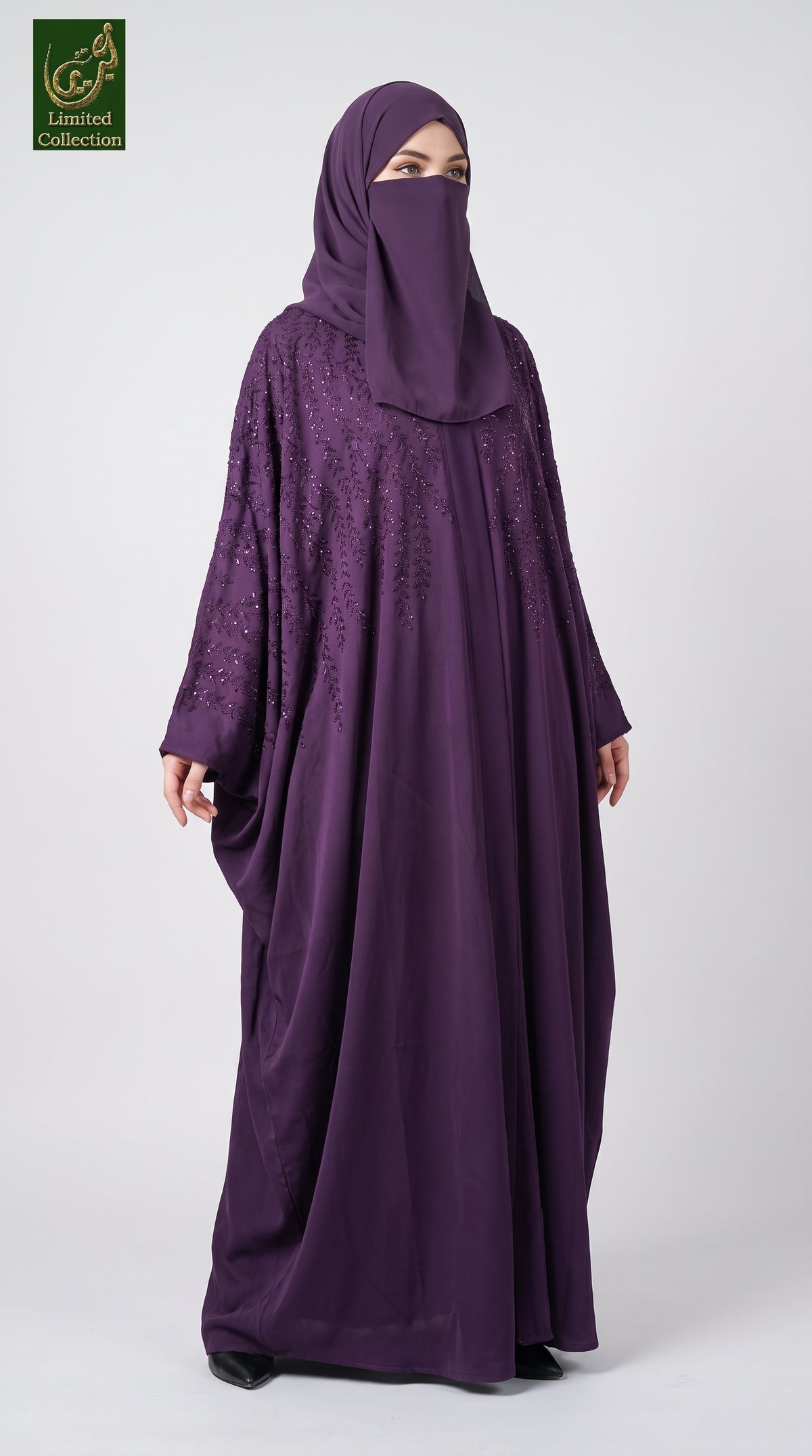 Front-Open Butterfly Abaya with Fern Stonework & Scarf | Premium Romantic Nida Stone-Studded Butterfly Abaya