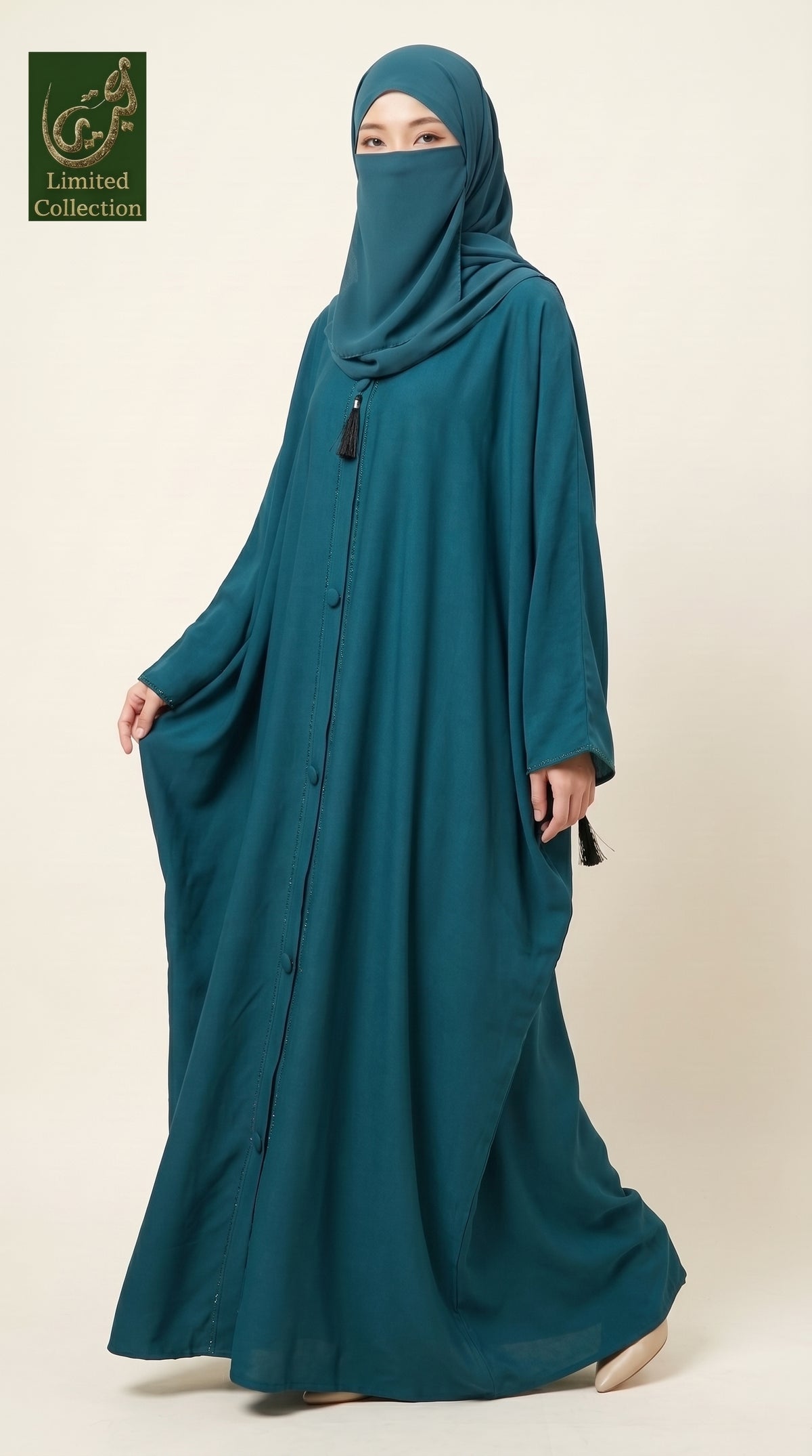 Front-Closed Stonework Tassel Abaya | Premium Nida Stone-Studded Colored Abaya