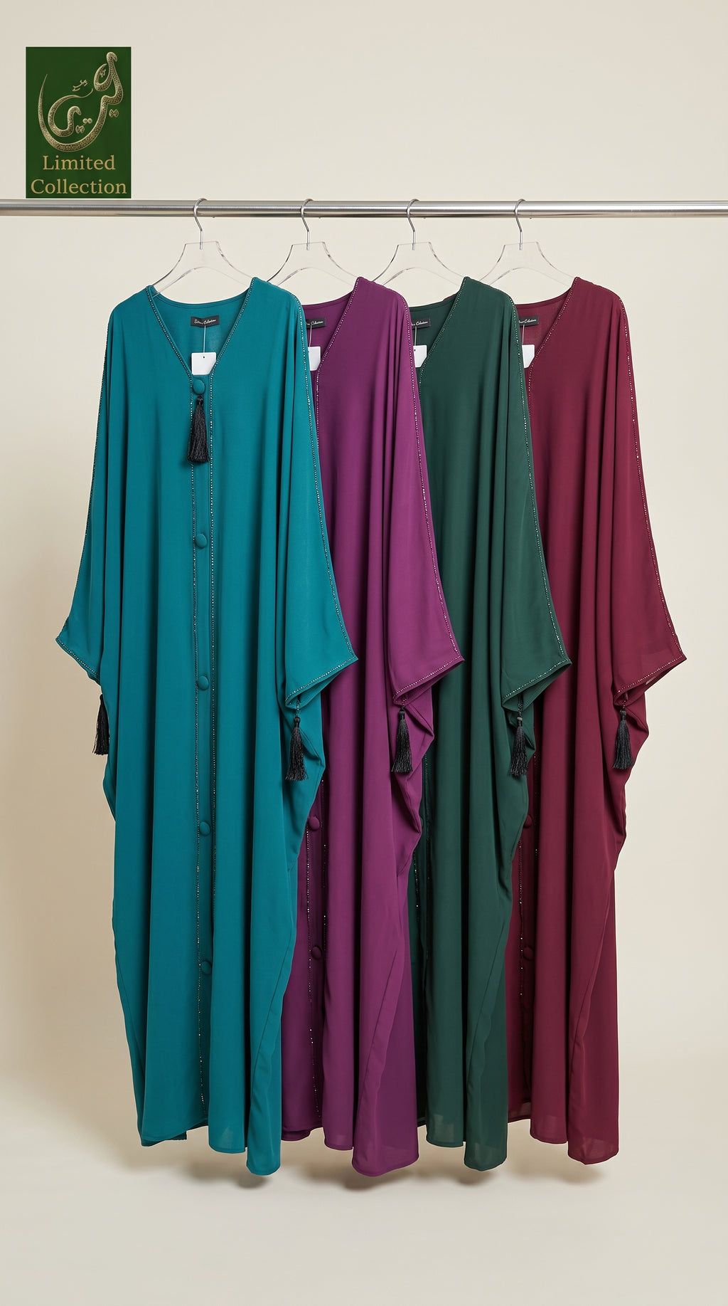 Front-Closed Stonework Tassel Abaya | Premium Nida Stone-Studded Colored Abaya