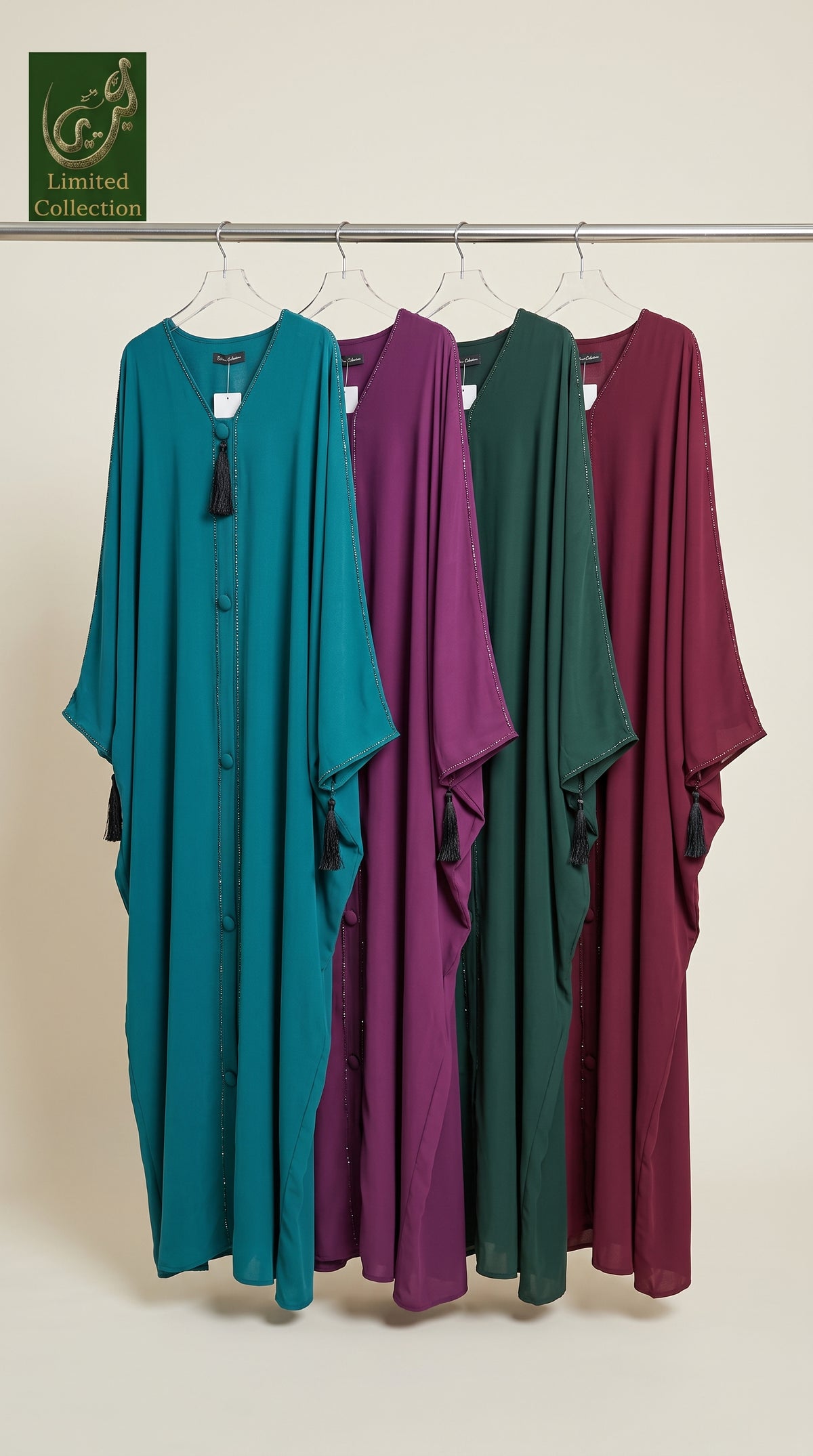 Front-Closed Stonework Tassel Abaya | Premium Nida Stone-Studded Colored Abaya