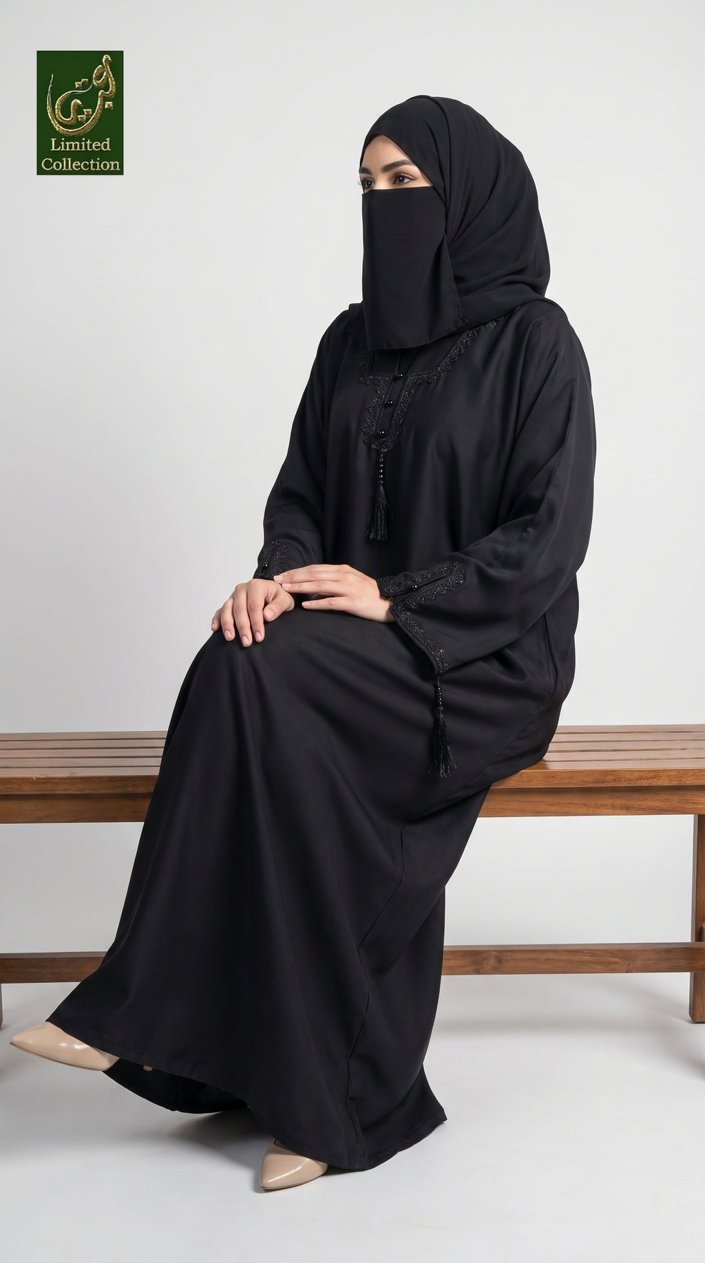 Front-Closed Black Stonework Abaya with Lace & Tassel | Premium Nida Stone-Studded Black Abaya