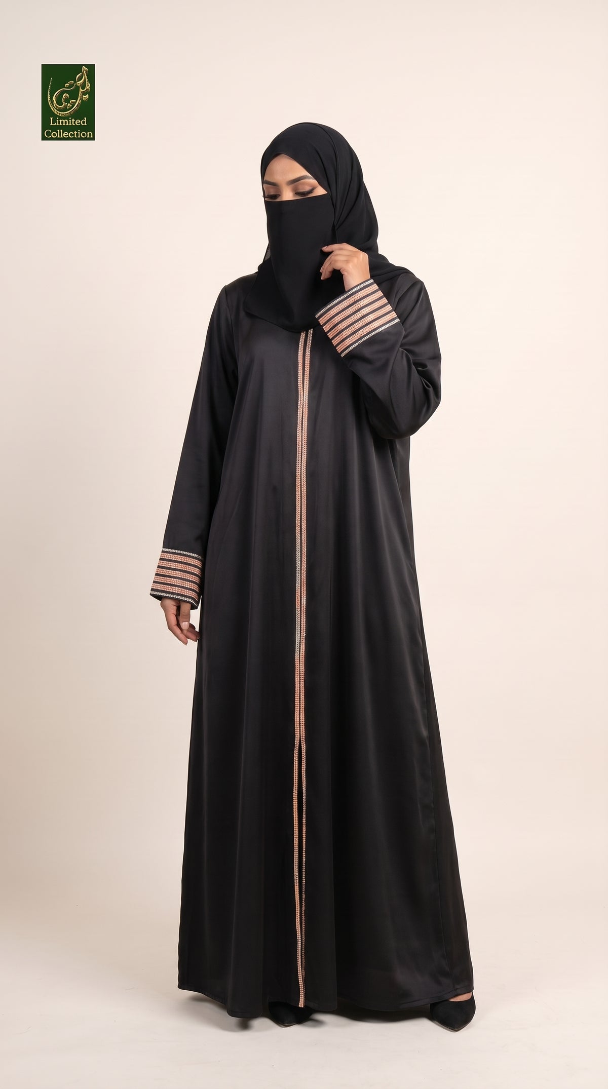 Front-Open Line Stonework Black Abaya with Attached Inner | Premium Nida Black Stone-Studded Abaya