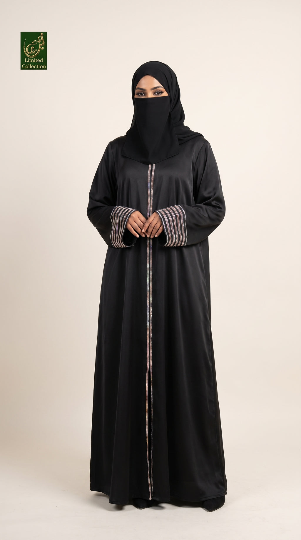 Front-Open Line Stonework Black Abaya with Attached Inner | Premium Nida Black Stone-Studded Abaya