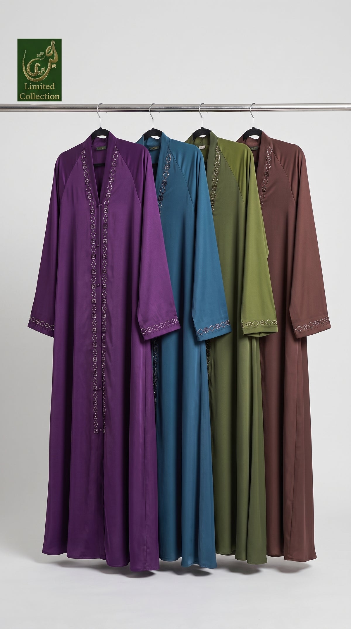 Front-Open Diamond Trail Stonework Abaya | Premium Romantic Nida Colored Stone-Studded Abaya