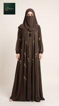 Front-Open Scattered Bloom Motif Stonework Abaya | Premium Romantic Nida Colored Stone-Studded Abaya