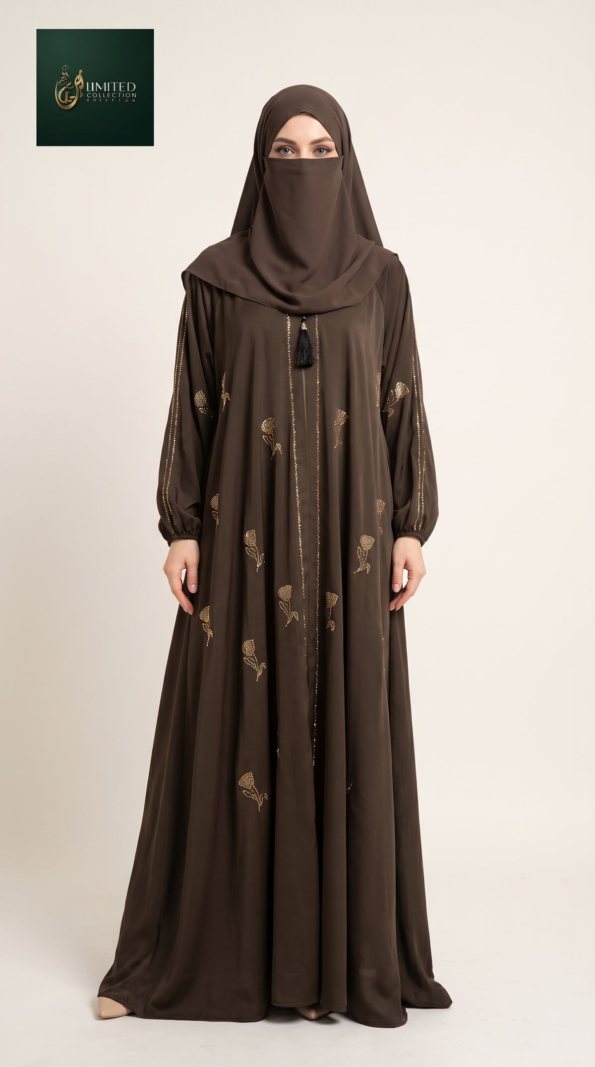 Front-Open Scattered Bloom Motif Stonework Abaya | Premium Romantic Nida Colored Stone-Studded Abaya